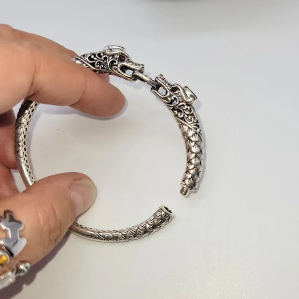 Sterling Silver Dragon Head Bangle Bracelet - Silver